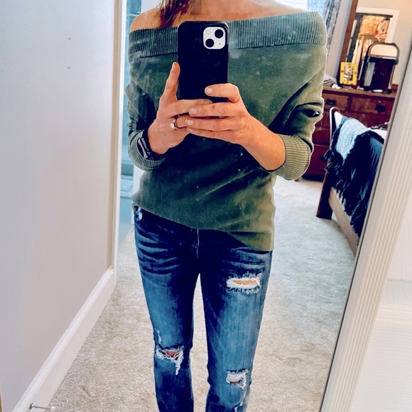 Express dark sage green wide neck on/off the shoulder sweatshirt - Picture 1 of 5